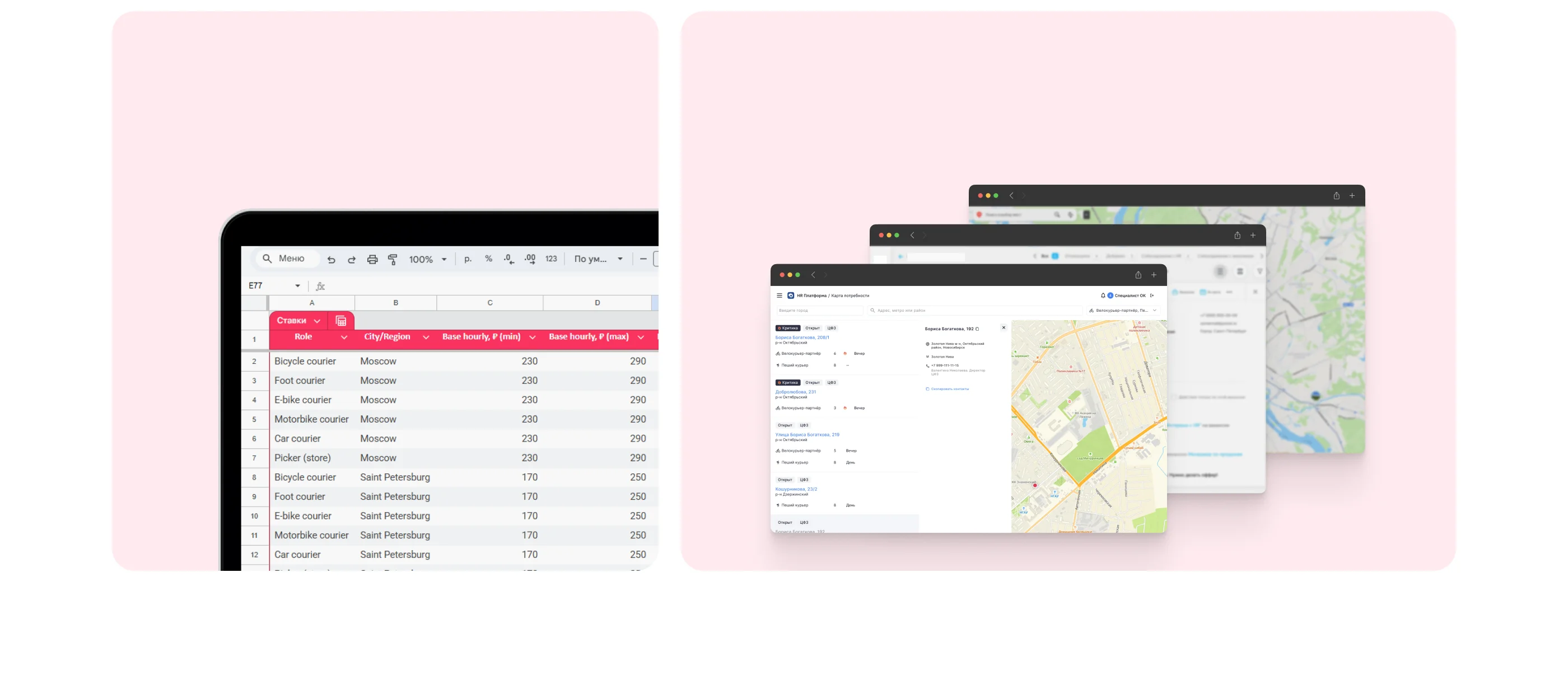 Таблица ставок оплаты и разрозненные окна карты, CRM и документов